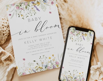 Wildflower Baby In Bloom Invitation Template, Baby Shower Invitation, Baby In Bloom Baby Shower, Floral Invite, Spring Invitation, 0267