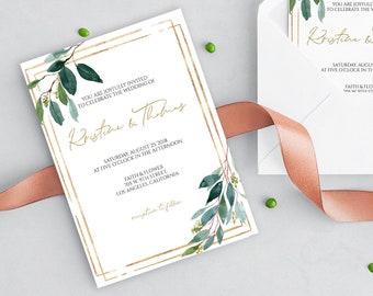 Wedding Invitation, Greenery Wedding Invitation Template Gold Wedding Invitation Set Printable Wedding Invitations Invitation Suite, 0143_01