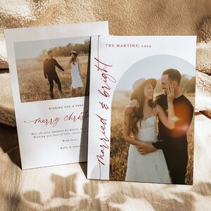 Carte de Noël mariée et lumineuse, carte photo de Noël minimaliste moderne, carte de Noël de jeunes mariés, merci de mariage modifiable, 0255_122
