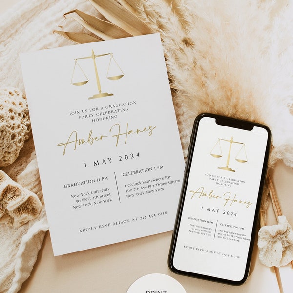 Yellow Gold Law School Graduation Invitation Template, Paralegal Graduation Invite, Photo Graduation Evite, Instant Download, DIY, 0230_080