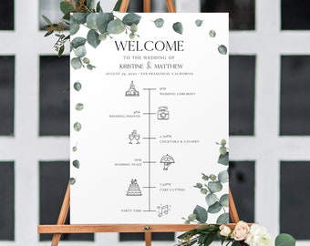 Greenery Wedding Welcome Sign Template, Timeline Wedding Sign with Wedding Icons, Welcome Timeline Sign, Timeline Poster, Templett, 0193_029