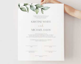 Greenery Boho Printable Wedding Marriage Certificate, Wedding Certificate of Marriage Instant Download Custom Certificate Templett, 0505_015