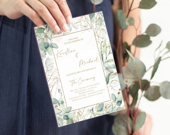Printable Wedding Program, Greenery and Gold Wedding Program Template, Fan or Flat Wedding Program, DIY Wedding Ceremony Program, 0218_08