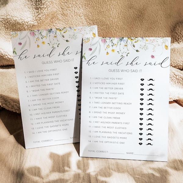 He Said She Said Bridal Shower Game, Wildflower Bridal Shower Template Download, Floral Bridal Shower, Guess Who Said It, Editable, 0267