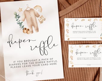 Diaper Raffle Sign & Card Template, Neutral Boho Baby Shower Game, Editable Instant Download, 0287
