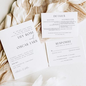 Modelo de convite de casamento minimalista, conjunto de convite de casamento moderno, convite de casamento tradicional, casamento simples, cartões RSVP, detalhes, 0270_01