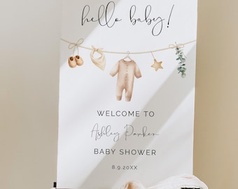 Baby Boy Shower Welcome Sign Template, Hello Baby Welcome Sign, Neutral Boho Baby Shower Decor, Editable Instant Download, 0287