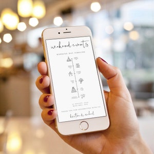 Puede incluir: Una pantalla de teléfono inteligente blanca que muestra una línea de tiempo del día de la boda con iconos para la ceremonia, la hora del cóctel, la cena y el baile. El texto dice "weekend events" y "wedding day timeline". La fecha es el 27 de agosto de 2023 y la ubicación es Blue Hill, NYC. Los nombres "kristine & michael" están en la parte inferior.