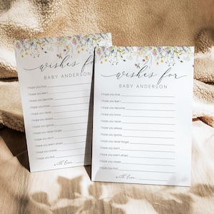 Carte Souhaits de fleurs sauvages pour bébé, conseils pour bébé, jeux de baby shower, baby shower floral, modifiable, modèle, conseils et souhaits, 0267