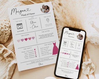 Bridesmaid Info Card Template, Bridal Party Info Card, Maid of Honor Card, , Bridesmaid Information, Bridesmaid Infographic, 0244_115