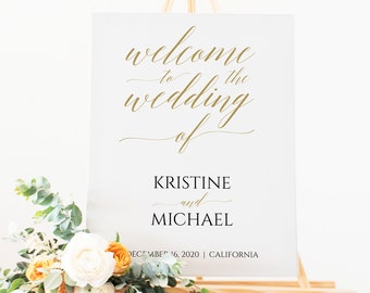 May include: A white wedding welcome sign on a wooden easel, with gold script that reads "Welcome to the wedding of Kristine and Michael." The sign is decorated with flowers and greenery. The date is December 16, 2020, in California.