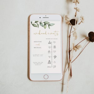 May include: A smartphone screen displaying a wedding weekend events timeline for Kristine and Michael, taking place on August 27, 2023, at Blue Hill, NYC. The timeline includes a wedding ceremony, cocktail hour, dinner, and dancing.