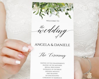 May include: A white wedding program with a floral design at the top. The program reads "Welcome to the wedding of Angela & Daniele" in elegant script. The ceremony details are listed below.