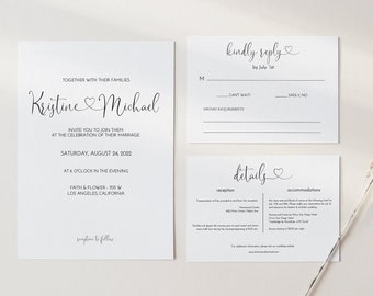 Heart Wedding Invitation Template, Wedding Invitation Template Set, Simple Wedding DIY, Editable Printable, RSVP And Details Card, 0502_01