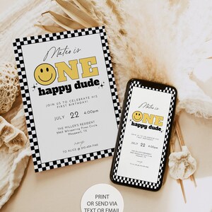 One Happy Dude Birthday Evite Template, Happy Face Birthday Birthday Text Invite, Boy First Birthday, Retro Smile Face, Download, 0262_109
