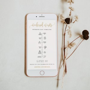 May include: A smartphone displaying a wedding day timeline with icons for various events, including the ceremony, cocktail hour, dinner, and dancing. The text reads "Weekend Events Wedding Day Timeline" and "27 August, 2022 Blue Hill, NYC Thank you for celebrating with us! Kristine and Michael."