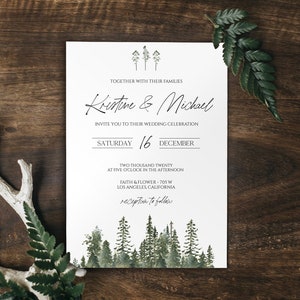 Modello di invito per matrimonio invernale, invito per matrimonio in montagna, suite di inviti per matrimonio con albero di pino, matrimonio nella foresta, matrimonio rustico 0211_01