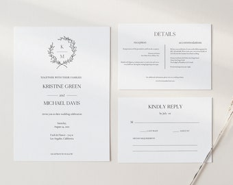 Modern Minimalist Wedding Invitation Pocket Template, Wedding Invitation Template Set, Editable & Printable, RSVP and Details Card, 0163_01