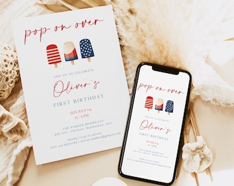 Könnte beinhalten: Eine rote, weiße und blaue Eis am Stiel-Einladung zu einem ersten Geburtstag. Die Einladung lautet "Pop on over" und "Oliver's First Birthday" mit Datum und Uhrzeit der Party. Die Einladung ist auf einer weißen Karte gedruckt und befindet sich neben einem Smartphone mit der gleichen Einladung auf dem Bildschirm. Die Einladung befindet sich auf einem weißen Hintergrund mit einem braunen Palmblatt und einer weißen Muschel.