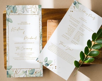 Greenery and Gold Wedding Program Template, Boho Greenery Wedding Programs Template, Eucalyptus Greenery Wedding Program Download, 0218_09