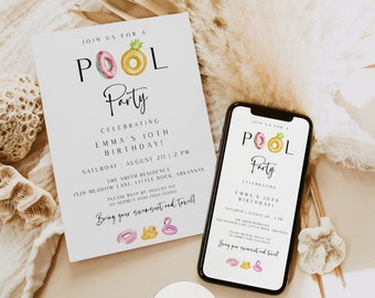 Pool Party Invitation, Pool Party Birthday Invitation, Summer Adult Party Invite, Pool Party Invite Template,Girls Pool Party Evite 0507_070