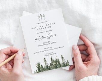 May include: A white card with green watercolor trees and the text "Save the Date for a Bachelorette Weekend Honoring the Bride-to-Be Kristine Green 28-30.01.2022 Los Angeles, California RSVP at [email protected]"