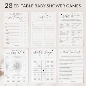 Puede incluir: Un conjunto de 28 juegos de baby shower imprimibles. Los juegos incluyen pictionary de emojis de beb&eacute;, abc de art&iacute;culos de beb&eacute;, trivia de beb&eacute;, b&uacute;squeda de palabras de beb&eacute;, bingo de beb&eacute; y chistes de pap&aacute;. Los juegos son en blanco y negro con un dise&ntilde;o simple y moderno.
