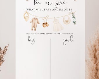 He or She Gender Reveal Sign, Baby Shower Guess Game, Neutral Voting Board, Minimalist Baby Decor, Editable Template, 0287