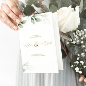 Modello di programma di nozze piegato, modello di matrimonio ordine di servizio, programma di nozze nel verde, programma di nozze pieghevole, programma fai da te 0195_03