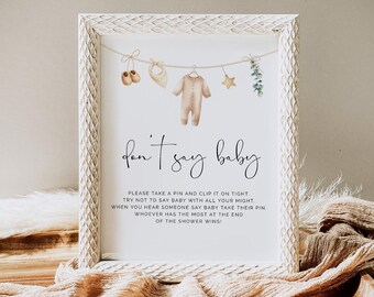 Don't Say Baby Sign Template, Baby Shower Game Printable, Neutral Boho Baby Shower, Editable Instant Download, 0287