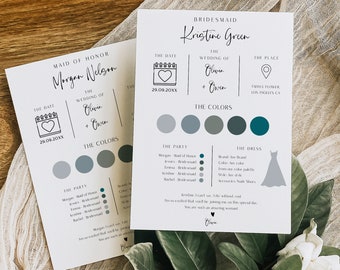May include: Two cards with a light gray background and black text. The cards are for a bridesmaid and maid of honor. The cards include the date, wedding of, place, colors, party, and dress. The cards are decorated with a calendar, heart, and location pin icons.