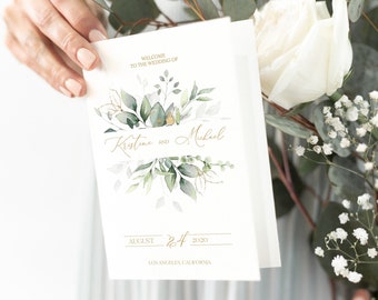 Wedding Program Booklet Template, Folded Order Of Service Program, Ceremony Template, Editable Template, Greenery Program Template 0204_03