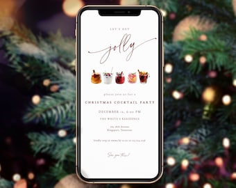 May include: A smartphone screen shows a Christmas cocktail party invitation. The invitation text reads "Let's Get Jolly" and "Christmas Cocktail Party." Illustrations of cocktails and event details are also visible.