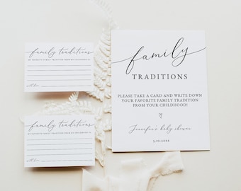 Family Traditions Sign and Cards Template, Share a Memory, Baby Shower, Childhood Memory, Modern Baby Shower Instant Download, Templett 0255