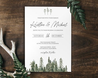 Winter Wedding Invitation Template, Mountain Wedding Invitation, Pine Tree Wedding Invitation Suite, Forest Wedding, Rustic Wedding 0211_01