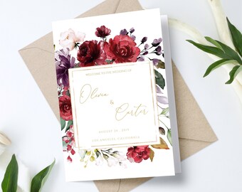 Burgundy and Gold Wedding, Folded Wedding Program, Bi-Fold Wedding Program Template, Instant Download, Boho Wedding Program Booklet, 0186_03