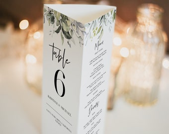 Tri-Fold Number Template, Greenery Triangle Table Number Template, Wedding Table Decorations, Wedding Menu Program, Eucalyptus Menu 0176_071