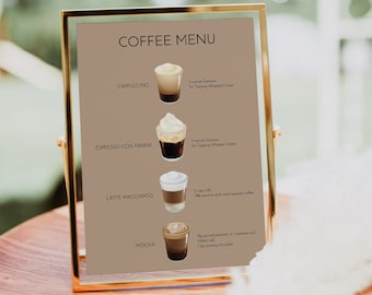 Segno del menu del caffè, modello modificabile del menu del caffè, menu della caffetteria, scheda del menu stampabile della caffetteria, segno di arredamento della caffetteria per matrimoni 0232_079