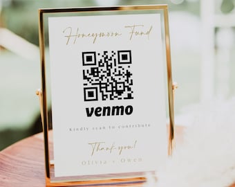 Gold Minimalist Honeymoon Fund, druckbares Honeymoon QR-Code-Zeichen, moderne Hochzeitsgeldkarte, Flitterwochen-Wunsch-Einsatz, Venmo Honeymoon 0230_114