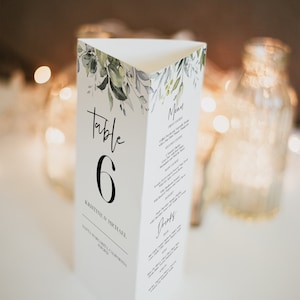 Modelo de número triplo, modelo de número de mesa triangular de vegetação, decorações de mesa de casamento, programa de menu de casamento, menu de eucalipto 0176_071