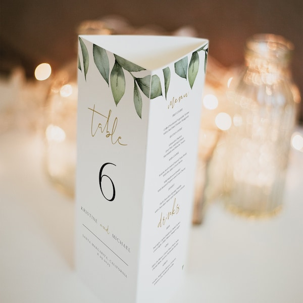 Greenery Triangle Table Number Template, Wedding Table Decor, Wedding Menu Program, Tri-Fold Number Template, Eucalyptus Menu, 0505_071