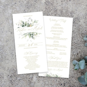 May include: Wedding ceremony program with a green and gold floral design. The program includes the wedding date, August 24, 2019, and the ceremony order. The wedding party is listed on the right side of the program.