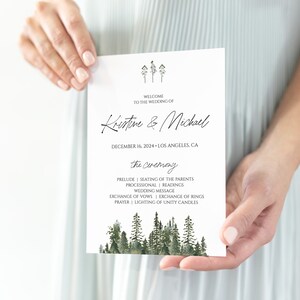 May include: A wedding ceremony program with a watercolor illustration of a forest. The program lists the order of events for the wedding of Kristine & Michael on December 16, 2024 in Los Angeles, CA.