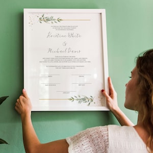 Grün und Gold Heiratsurkunde Vorlage, druckbare Hochzeitsurkunde Sofortiger Download, moderne Boho Heiratsurkunde, 0196_015