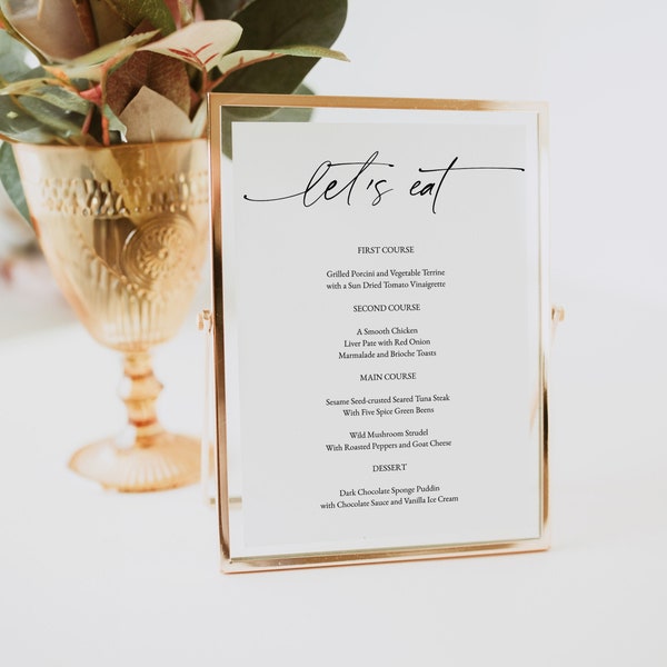 Minimalist Dinner Menu Template, Menu Sign for Wedding, Wedding Menu Template, Boho Let's Eat Wedding Menu Card, Personalized Sign, 0255_014