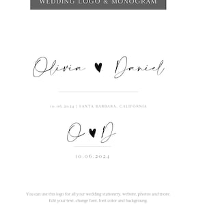 May include: Wedding logo design featuring the names Olivia and Daniel with a heart symbol between them. The date 10.06.2024 and the location Santa Barbara, California are also included. The monogram for the couple is OD with a heart symbol between the letters. The date 10.06.2024 is also included.