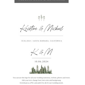 May include: Wedding logo design featuring the names Kristine & Michael with a date of 10.06.2024 and the location Santa Barbara, California. The logo also includes a monogram of K&M and a watercolor illustration of pine trees.