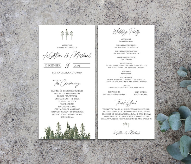 pine-tree-wedding-program-template-rustic-wedding-program-etsy