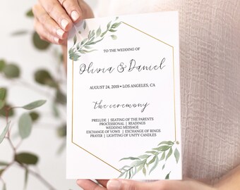 Fan or Flat Wedding Program, Fan Wedding Program, Greenery Order of Service Template Wedding Program Fan, Printable Program Wedding, 0196_08