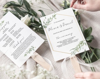 Fan Wedding Program, Printable Program Wedding, Fan or Flat Wedding Program, Greenery Order of Service Template Wedding Program Fan, 0196_08